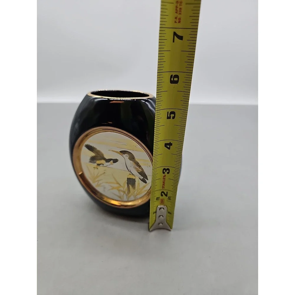 The Art Of Chokin Vase Black 24K Gold Edge With Swans & Iris Flowers‎ 5